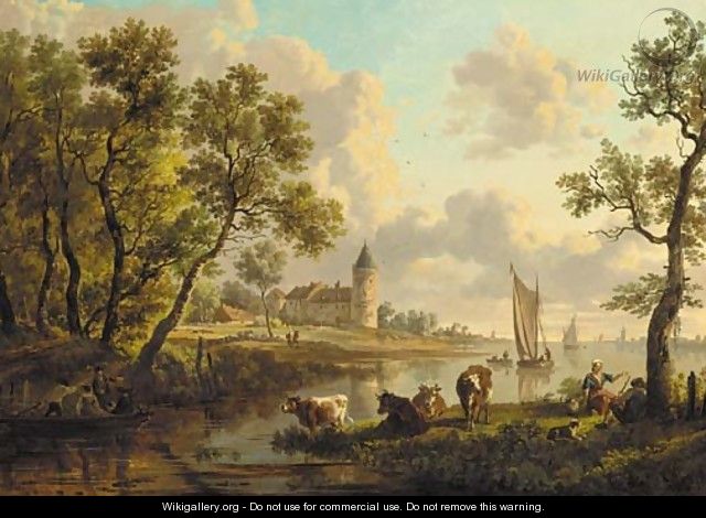 A river landscape with a herdsman and a herdswoman resting by their cattle, boats sailing and a castle beyond - Dutch School
