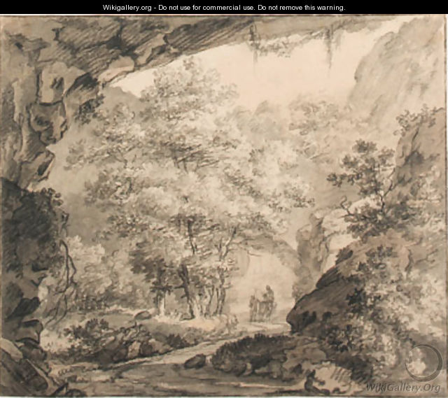 A wooded rocky landscape with travellers on a road - Dutch School
