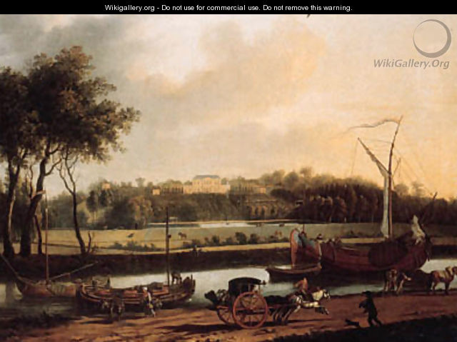 A carriage on a road by a canal, a country mansion on a hilltop beyond - Dutch School