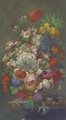 Roses, tulips, apple blossom, honeysuckle, narcissae and other summer flowers in a ewer by a birds' nest on a marble plinth - Dutch School