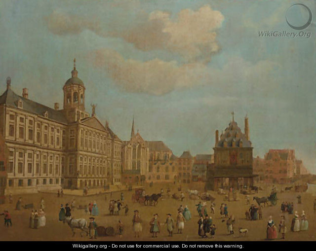 Numerous townfolk on the Damsquare, Amsterdam - Dutch School
