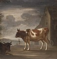 Two cows in front of a barn, a herder with a dog beyond - Dutch School