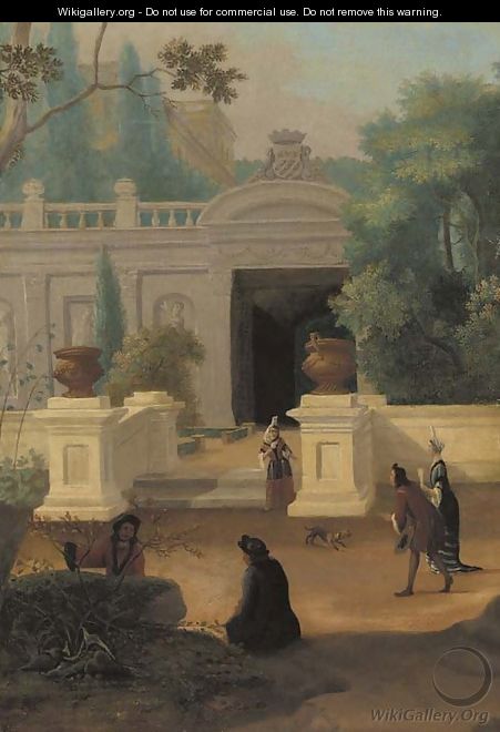 Elegant company promenading in a walled garden near a mansion - Dutch School
