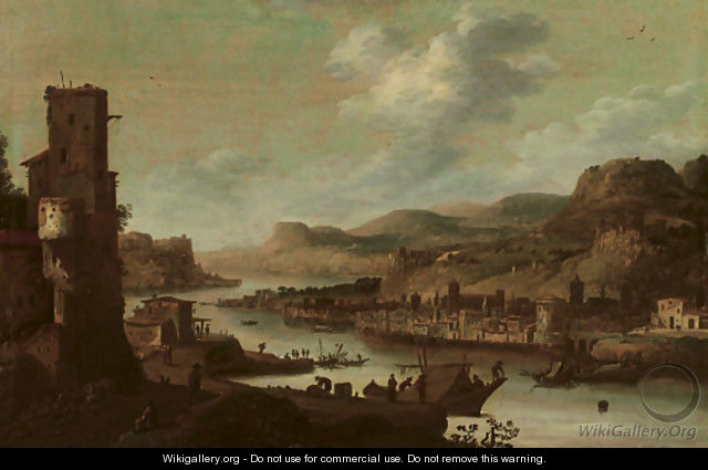 A mountainous river landscape with figures on moored ships near a ruined tower, a fortified town on the opposite river bank - Dirck Verhaert