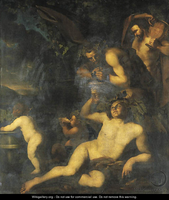Bacchus drinking in the company of two satyrs and two putti - Dirck Van Voorst