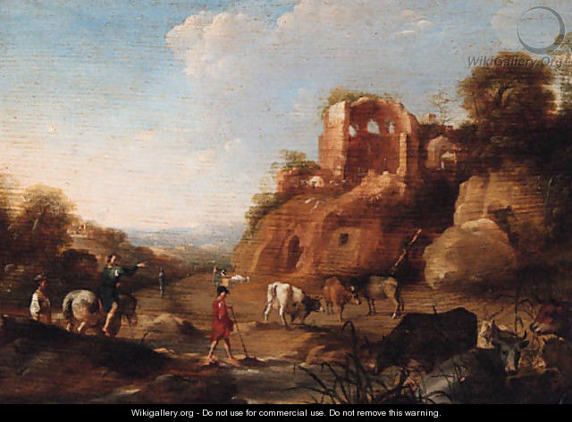 An Italianate landscape with drovers by a stream, classical ruins on a hill beyond - Dirck van der B Lisse