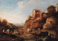 An Italianate landscape with drovers by a stream, classical ruins on a hill beyond - Dirck van der B Lisse