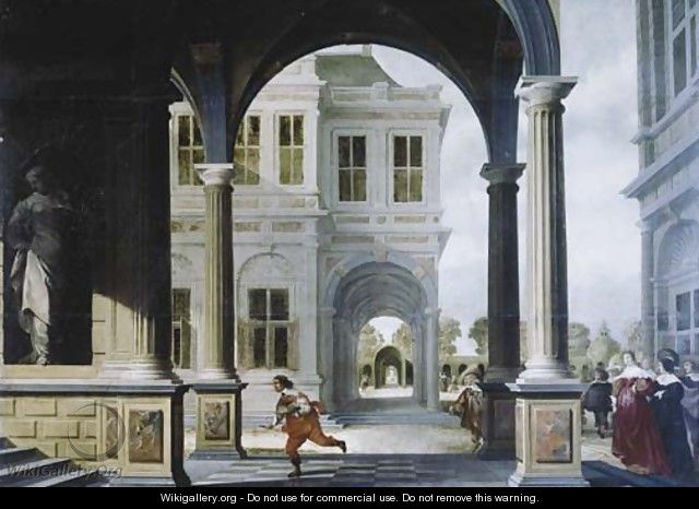 The forecourt of a Renaissance palace with a herald running to the stairs - Dirck Van Delen