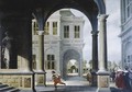 The forecourt of a Renaissance palace with a herald running to the stairs - Dirck Van Delen