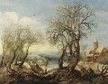 An extensive winter river landscape with the Flight into Egypt, a sportsman and his hound, a wood gatherer trundling a wheelbarrow and a peasant woman - Denys Van Alsloot