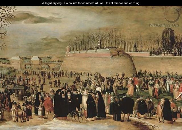 A winter carnival with figures on the ice before the Kipdorppoort Bastion in Antwerp - Denys Van Alsloot