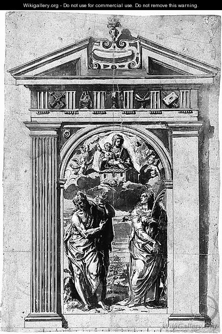 Saint John the Baptist and a female Saint holding a Palm with the Madonna of Loreto above Study for an Altarpiece and surrounding Frame - Domenico Del Riccio, Il Brusasorci