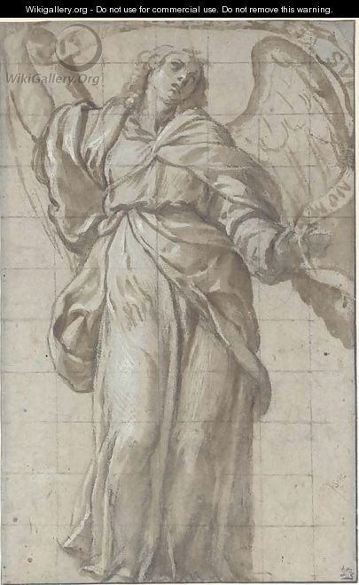 An angel looking up, holding a scroll - Domenico Caresana