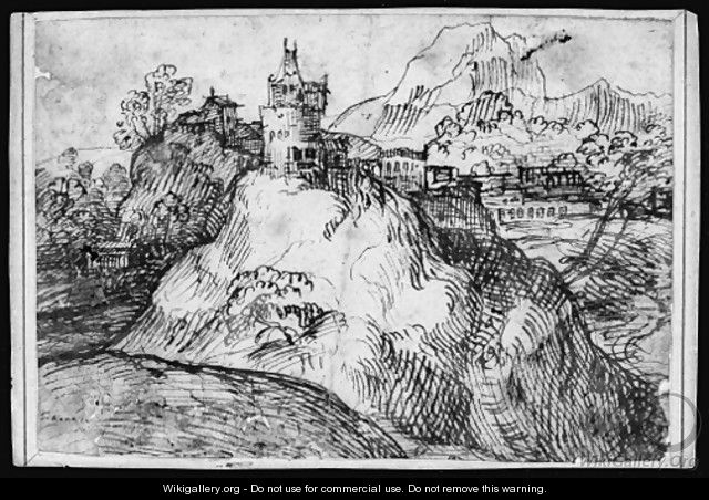 An extensive landscape with a town on a hill - Domenico Campagnola