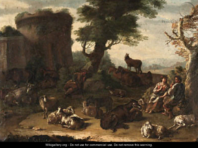 Cows, sheep, and other farm animals resting in a landscape, with a courting couple and a sleeping shepherd, a ruin beyond - Domenico Brandi