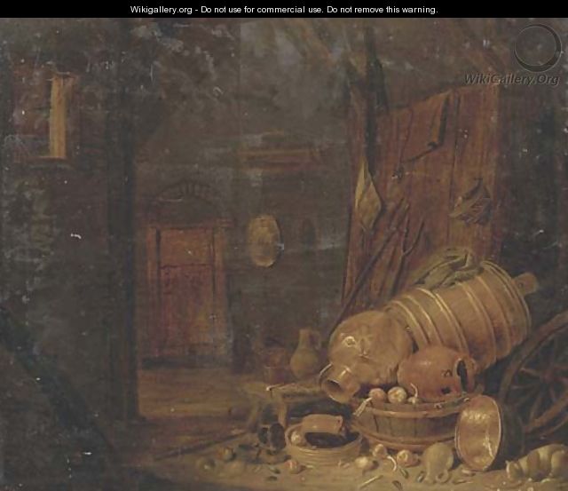 A barn interior with copper pots, wooden barrels and a cat drinking milk nearby - Dirck Wijntrack