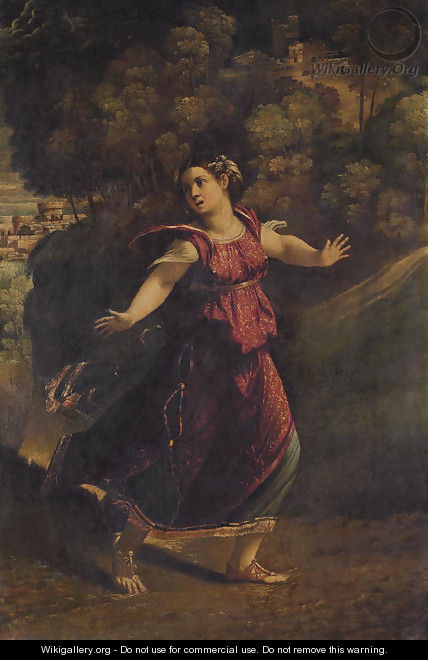 A woman fleeing on a wooded path - Dosso Dossi (Giovanni di Niccolo Luteri)