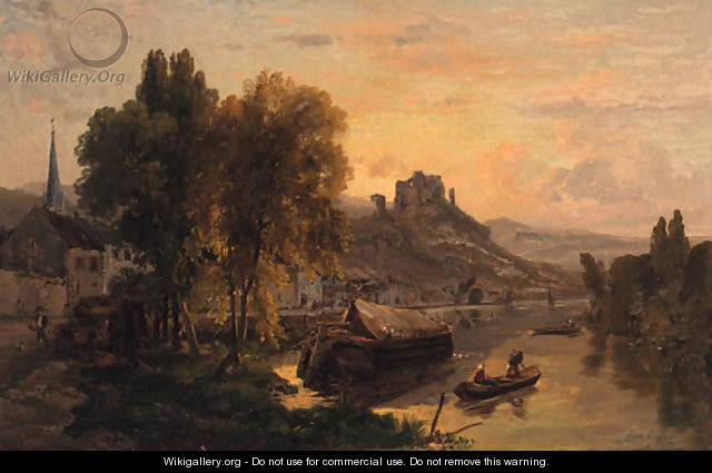 A river town with a castle beyond - Dominique Adolphe Grenet De Joigny