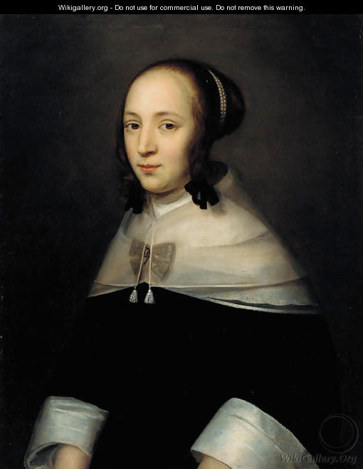 Portrait of a lady, half-length, in a black dress with white sleeves - Dutch School