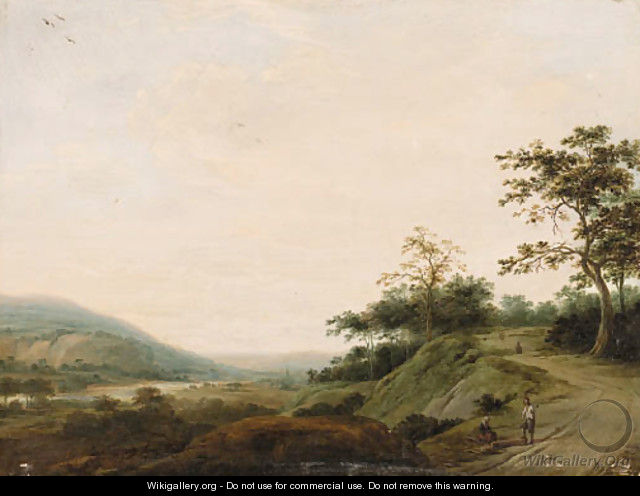 An extensive Landscape with Woodcutters in the foreground - Dutch School