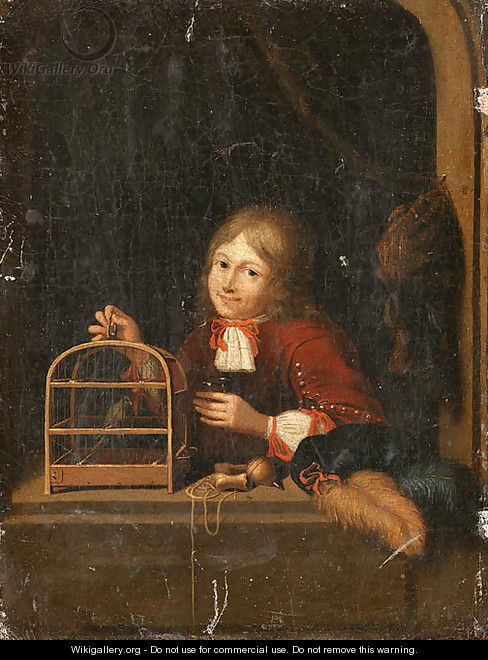 A Boy holding a Birdcage at a Casement - Dutch School