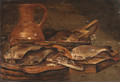 Fish and a Jug on a Barrel and a wooden Ledge - Dutch School