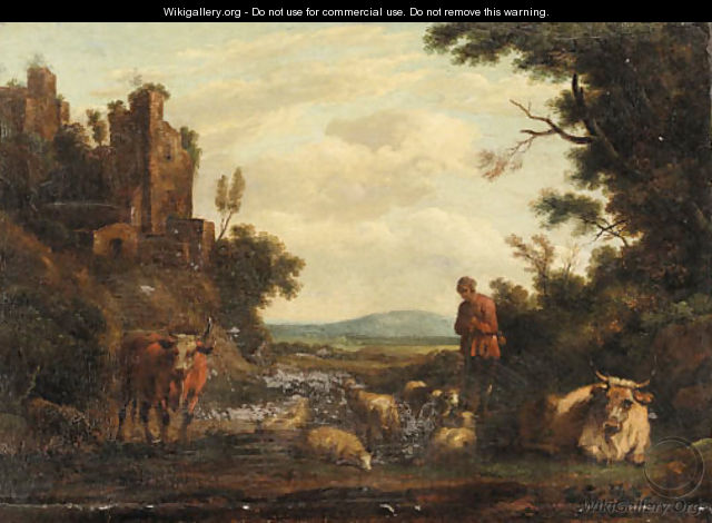 An Italianate river Landscape with a Drover - Dutch School