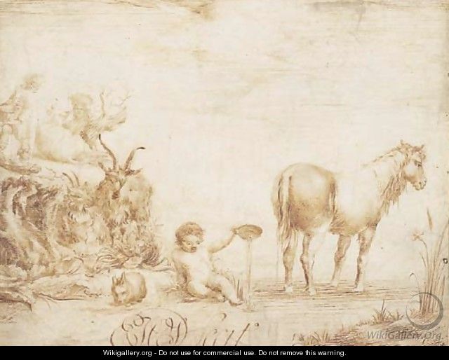 An infant pouring water from a dish, flanked by a horse, a rabbit and two goats, two figures with a cow in the background 2 - Dutch School