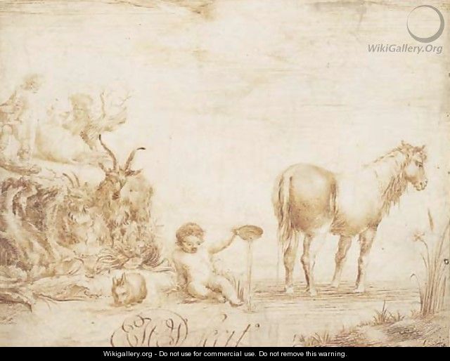 An infant pouring water from a dish, flanked by a horse, a rabbit and two goats, two figures with a cow in the background - Dutch School