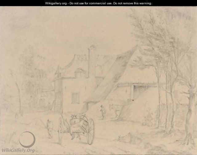 A village view with a peasant by a horse-drawn carriage - Dutch School