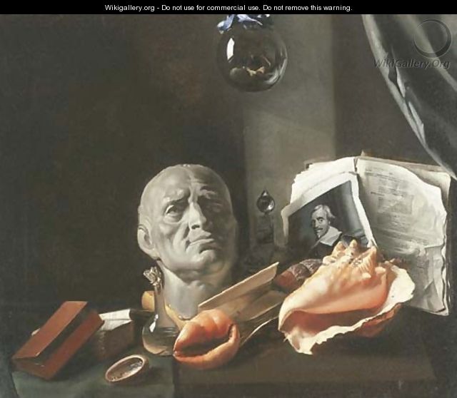 A Vanitas still-life with a bust, seashells, books, and glass flasks - Dutch School