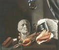 A Vanitas still-life with a bust, seashells, books, and glass flasks - Dutch School