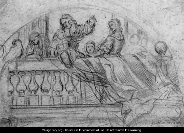 A family at a balcony with a parrot - Dutch School