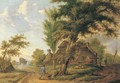 A landscape with a farm and a peasant pushing a wheelbarrow on a country road - Dutch School