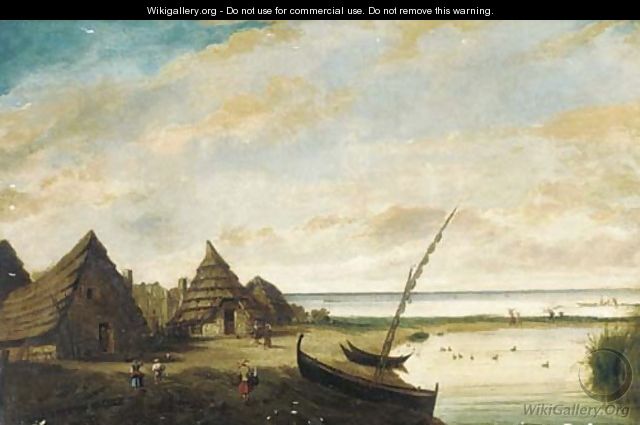 A coastal landscape with figures by huts, possibly south-east Asia - Dutch Colonial School