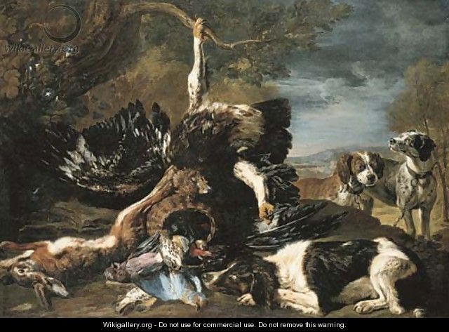 A spaniel, an eagle, a hare and a wicker basket with a jay, finches and other birds overlooked by two hounds, a mountainous landscape beyond - David de Coninck