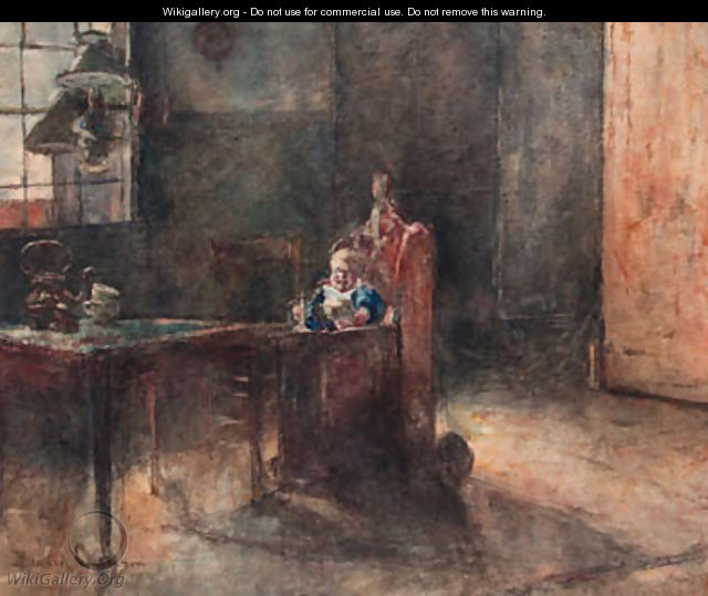 An interior with a child in a baby-chair - David Oyens