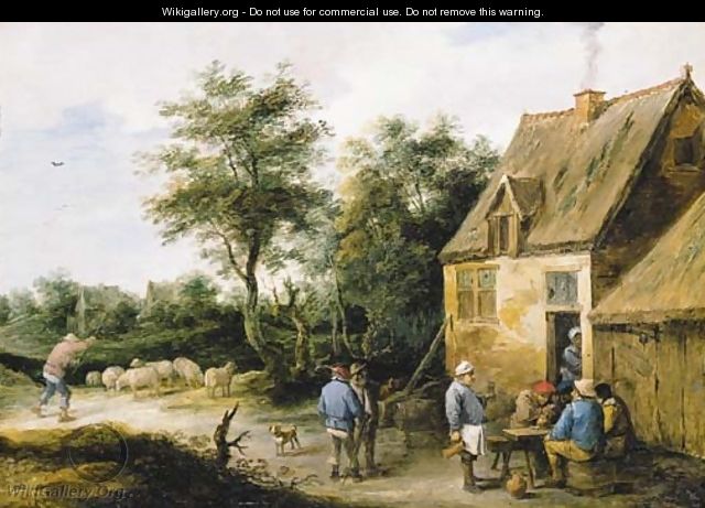 Peasants drinking before a roadside inn in a wooded landscape, with a shepherd and his flock nearby - David III Teniers