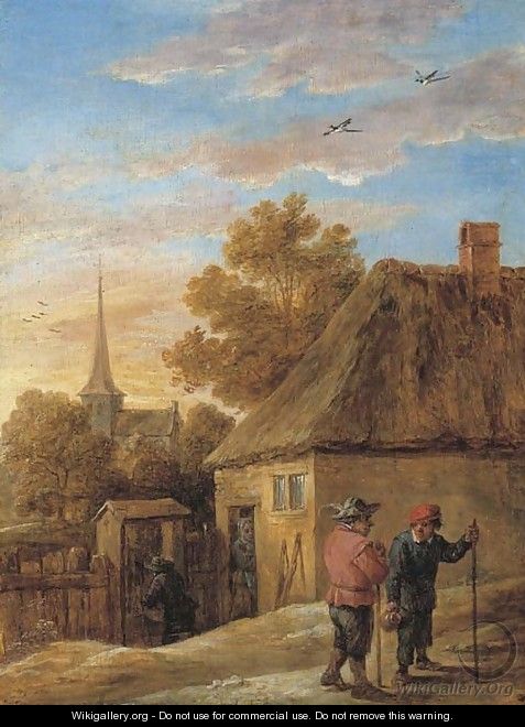 Peasants conversing by a house with a church beyond - David III Teniers