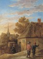 Peasants conversing by a house with a church beyond - David III Teniers