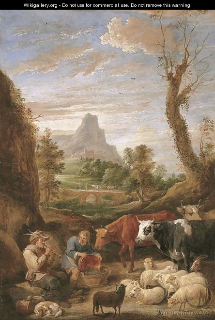 A pastoral landscape with a shepherd playing a pipe with cattle and sheep - David III Teniers