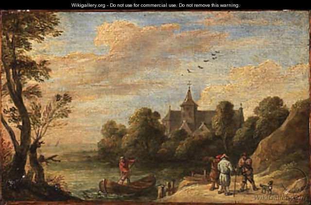 A landscape with peasants by a landing stage and a man in a boat, a church beyond - David III Teniers
