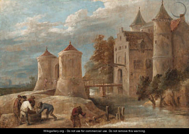 A landscape with fishermen before a castle with a drawbridge - David III Teniers