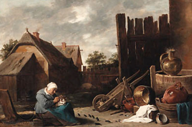 A cat tended by an old woman being teased by rats in a farmyard - David III Teniers