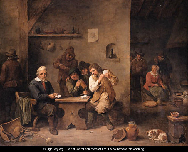 A boor showing his cards to his opponent with onlookers in a tavern, a maid frying pancakes beyond - David III Teniers