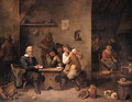 A boor showing his cards to his opponent with onlookers in a tavern, a maid frying pancakes beyond - David III Teniers