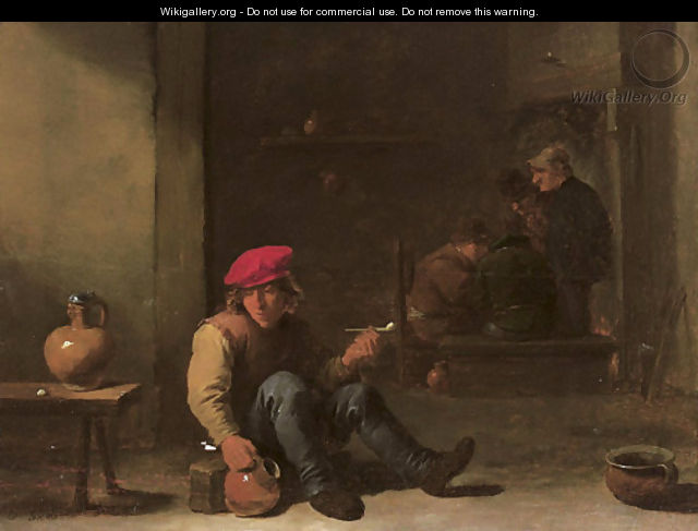 A boor holding a pipe and jug seated in an interior with other peasants conversing in the background - David III Teniers