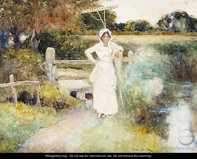 A country girl standing beside a stream holding a rake - David Woodlock