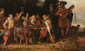 Elegant company feasting, with musicians beneath an arbour, a palace and ornamental garden beyond - David Vinckboons
