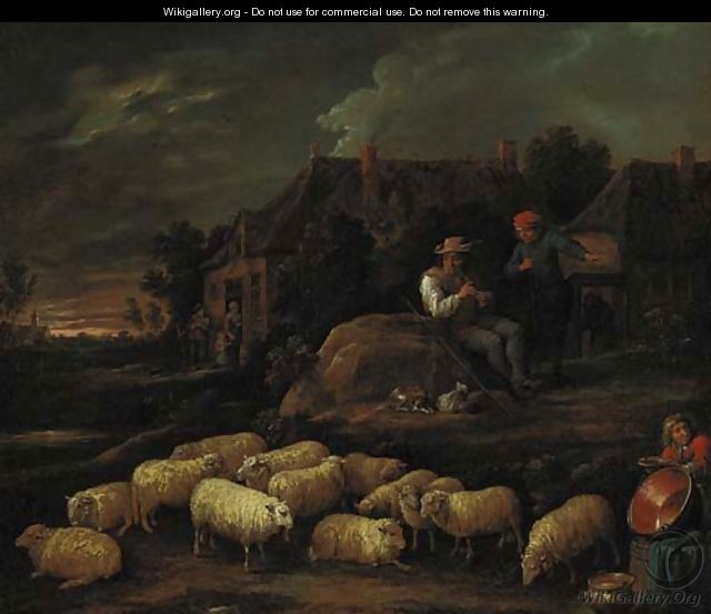Shepherds with their flock by a village - David III Teniers